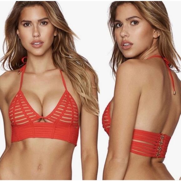 BEACH BUNNY Swim Top Small Hard Summer‎ Long Line Triangle Bikini Bralette Coral - Picture 1 of 10